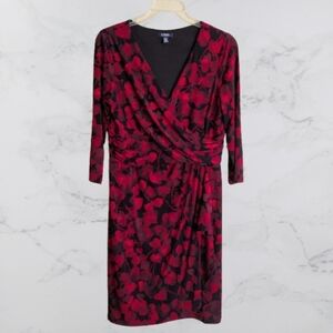 Chaps Wrap Dress Red Black Print Stretchy Coquette Christmas Size XL